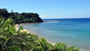 A coastal landscape with a beach, clear blue water, and lush greenery.