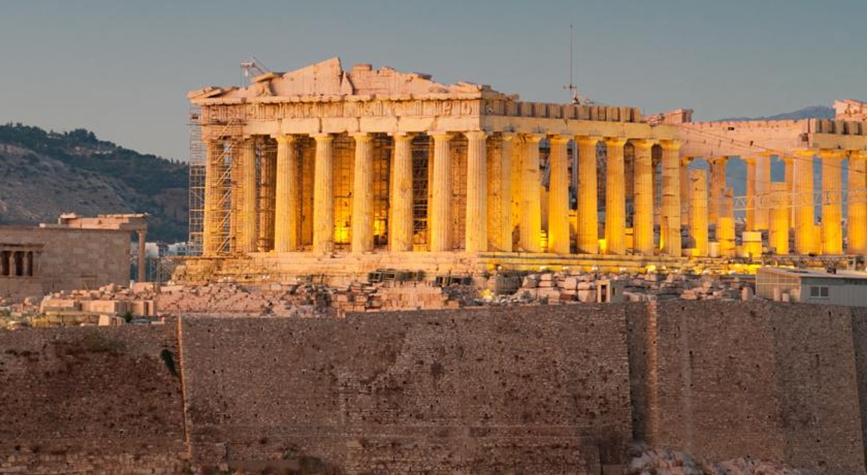 The Parthenon in Athens, Greece, with its classical architecture and columns.