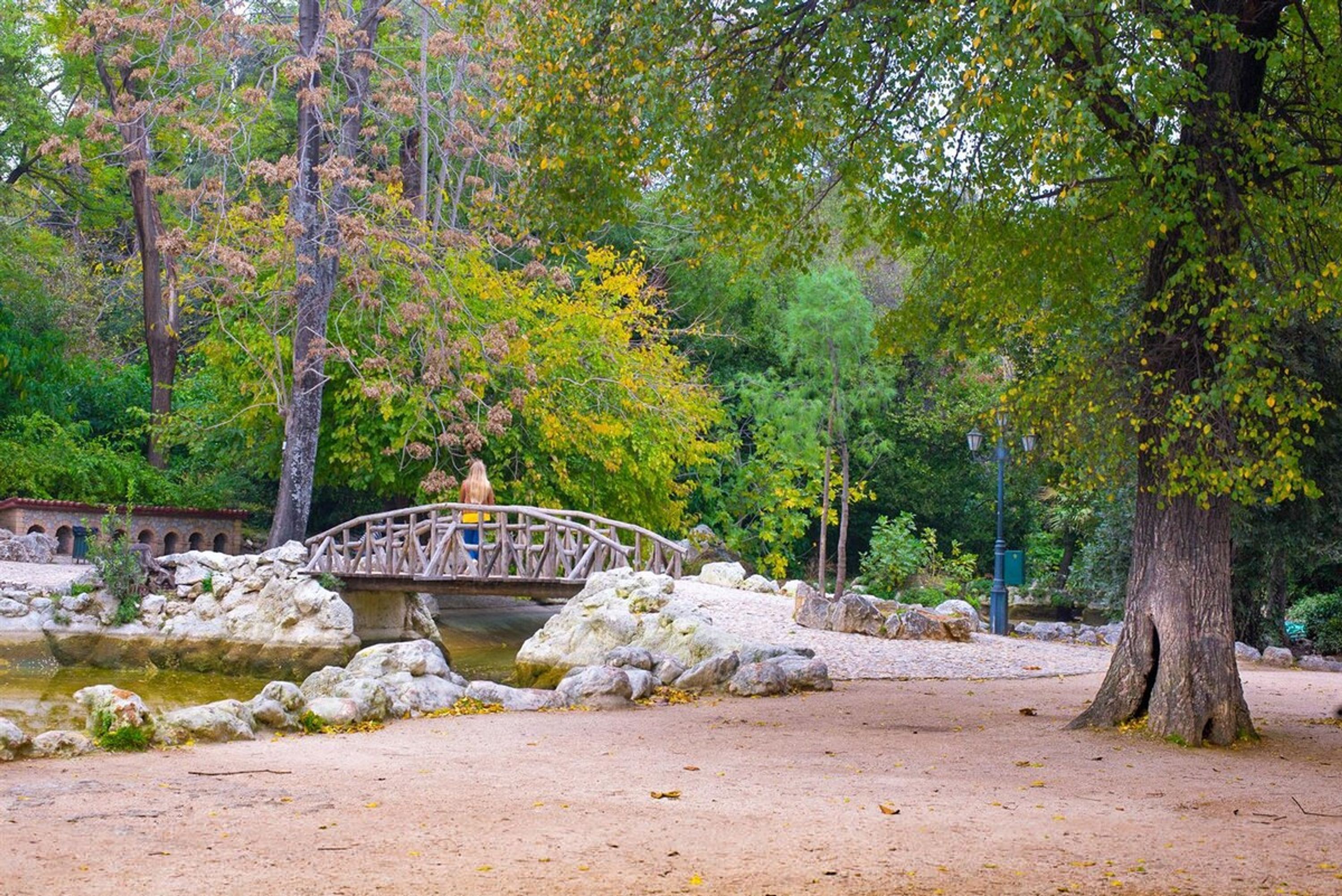 A park with a stone bridge, a pond, and trees.