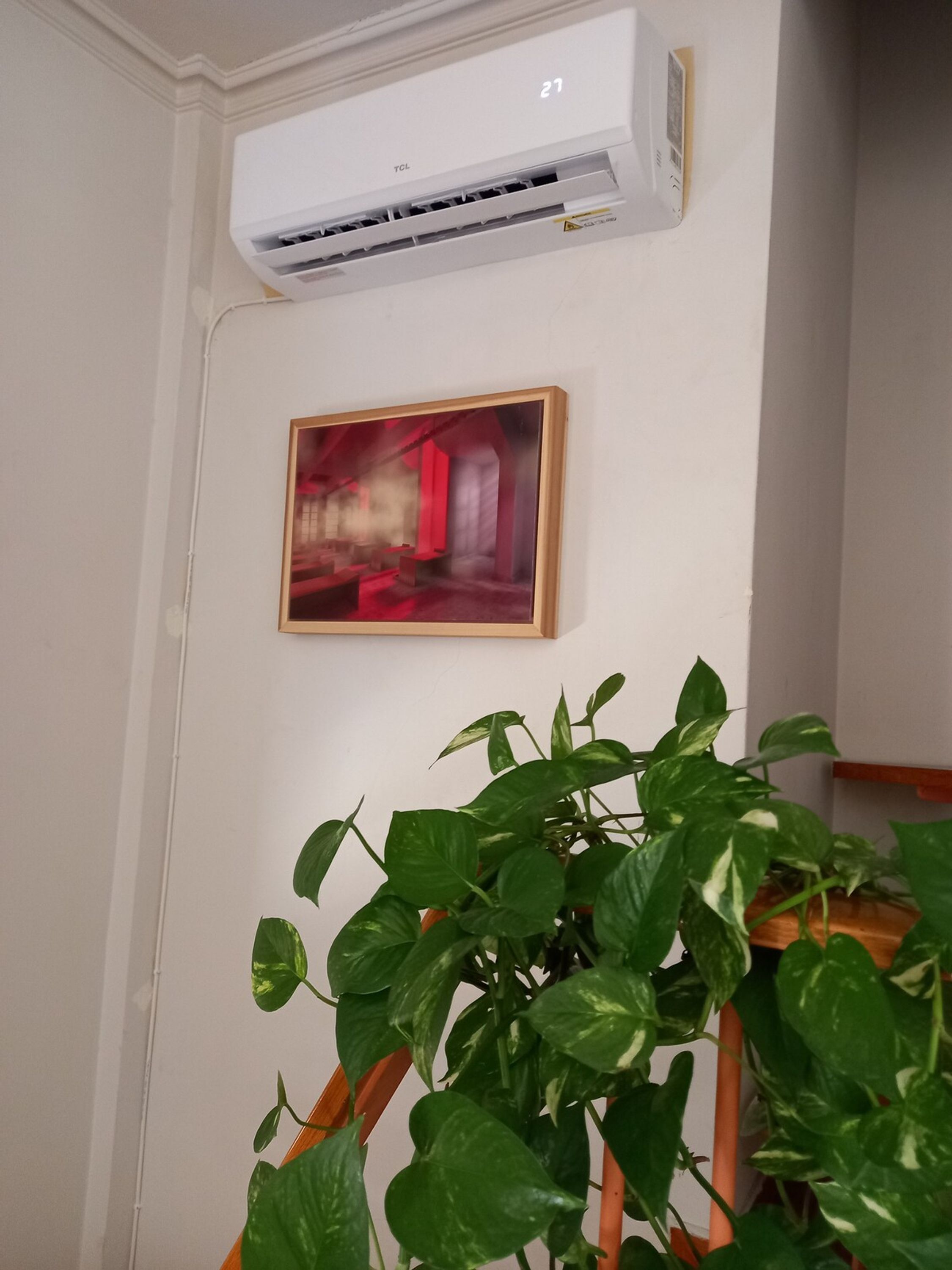 A white air conditioning unit mounted on a wall, a framed abstract painting, and a potted plant with green leaves.
