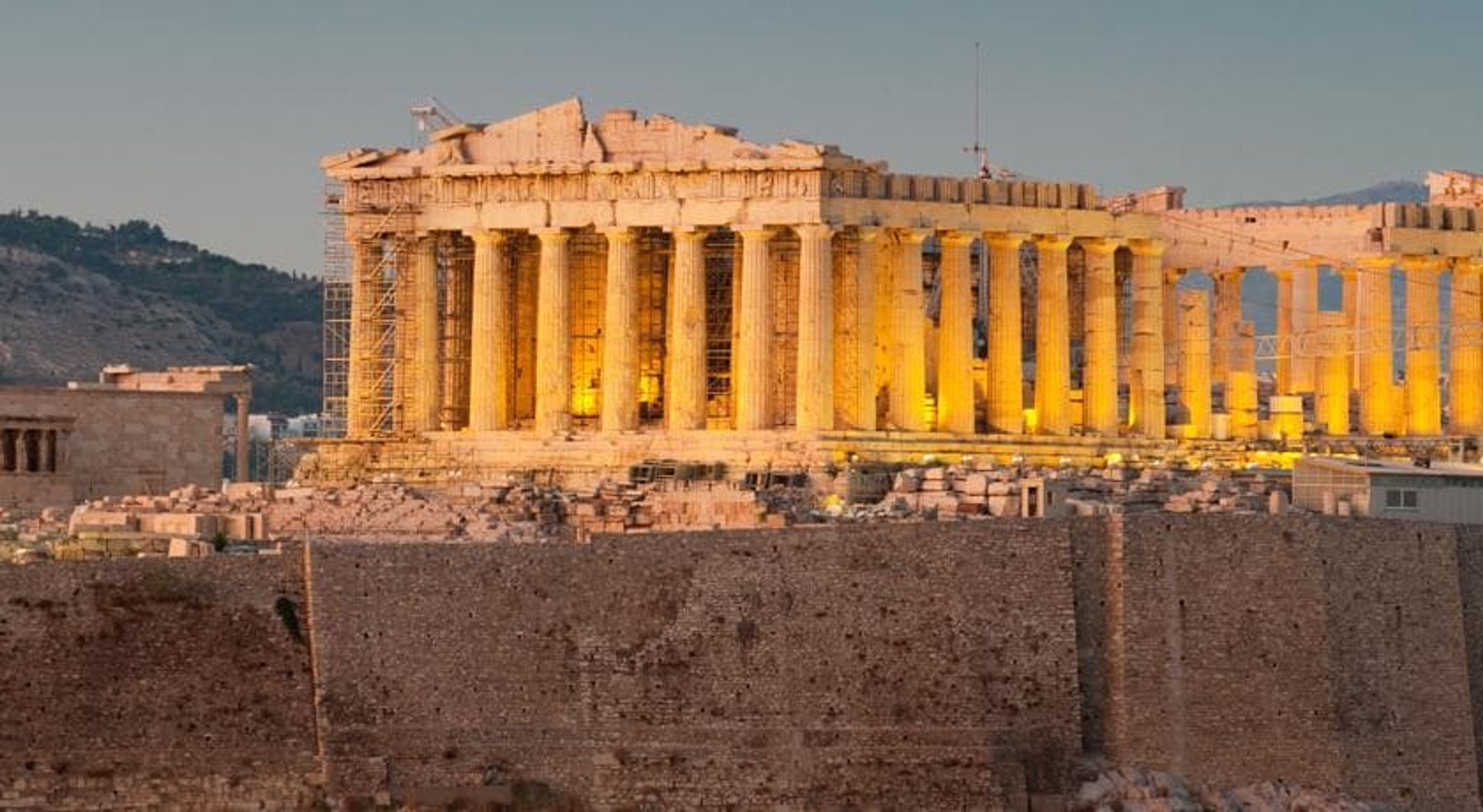 The Parthenon in Athens, Greece, with its classical architecture and columns.