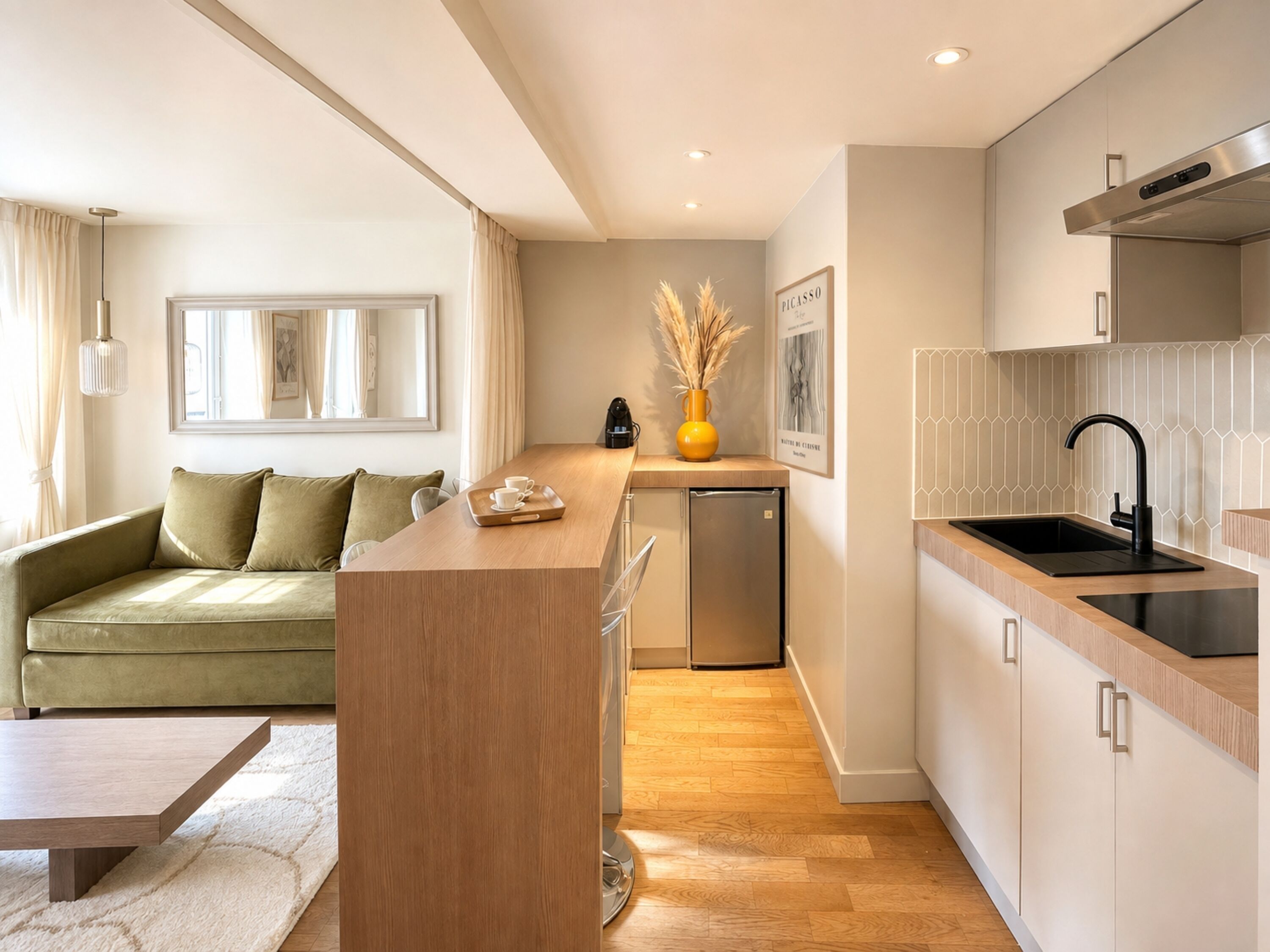 Una cocina moderna con una isla integrada, un área de comedor con sofá y un refrigerador compacto.