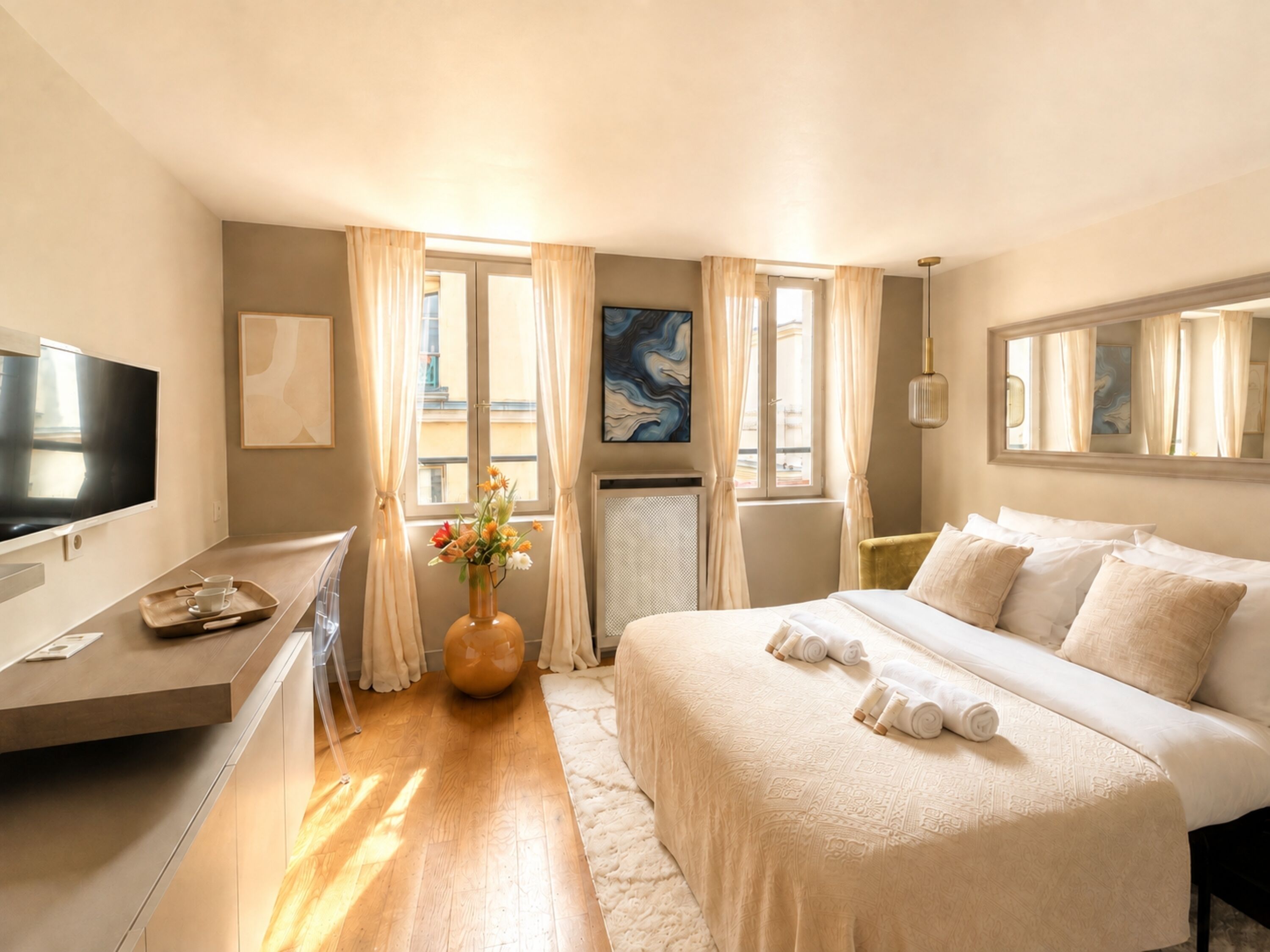 Una habitación de hotel con cama, escritorio, televisor y ventana con cortinas.
