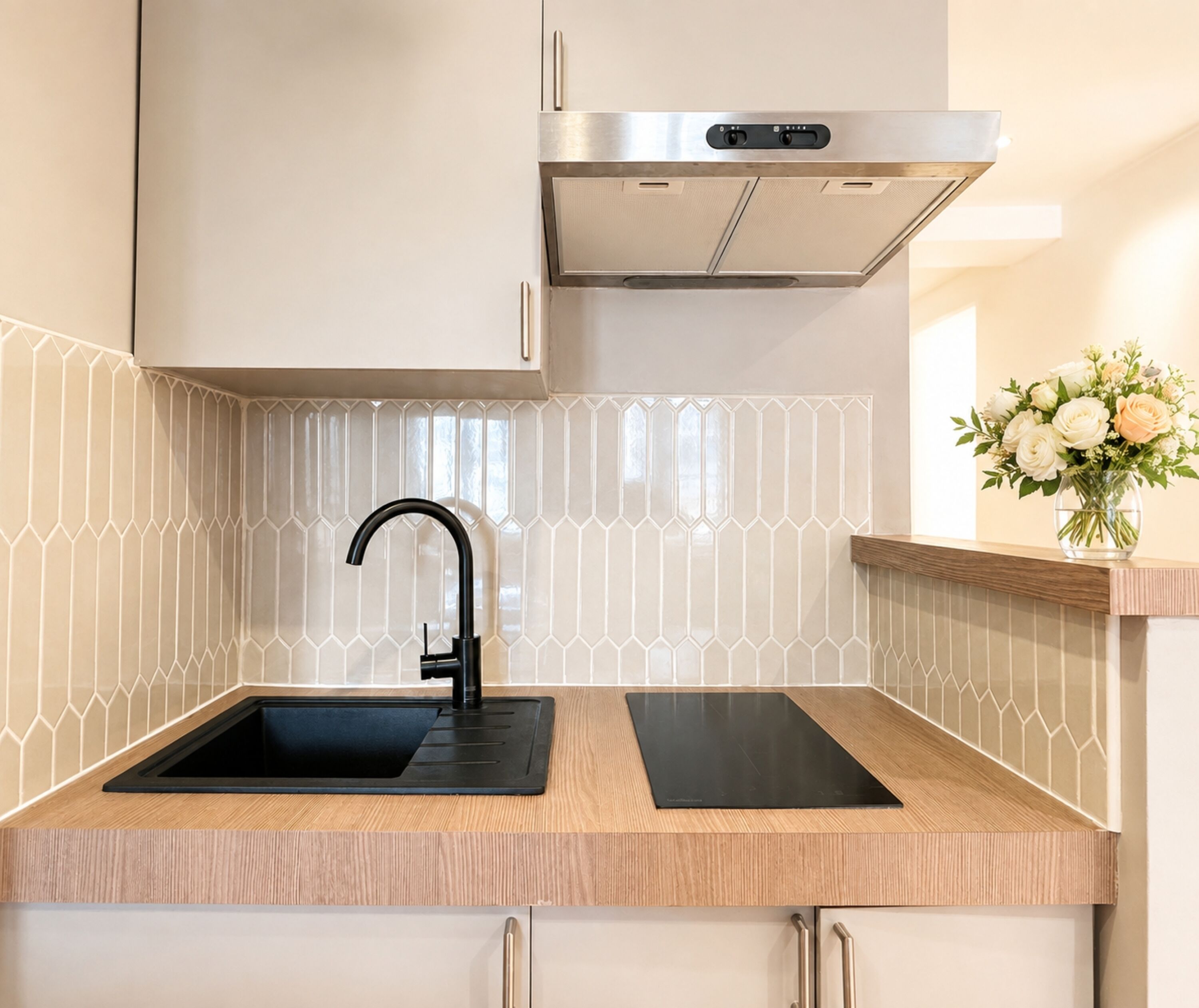Una cocina moderna con un grifo negro, campana extractora de acero inoxidable y encimera de madera.