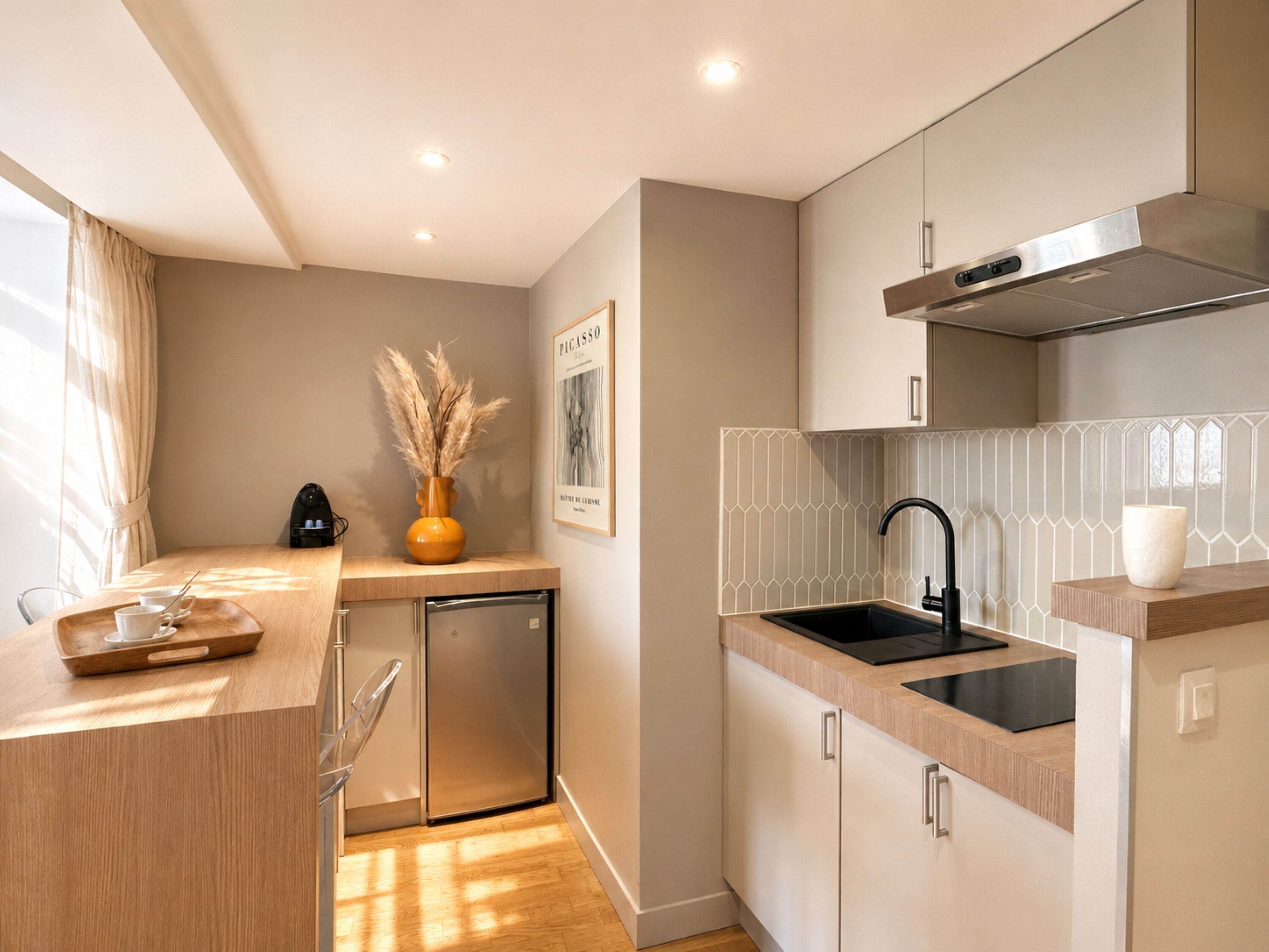 A modern kitchen with a built-in dishwasher, a stainless steel sink, and a wooden countertop.