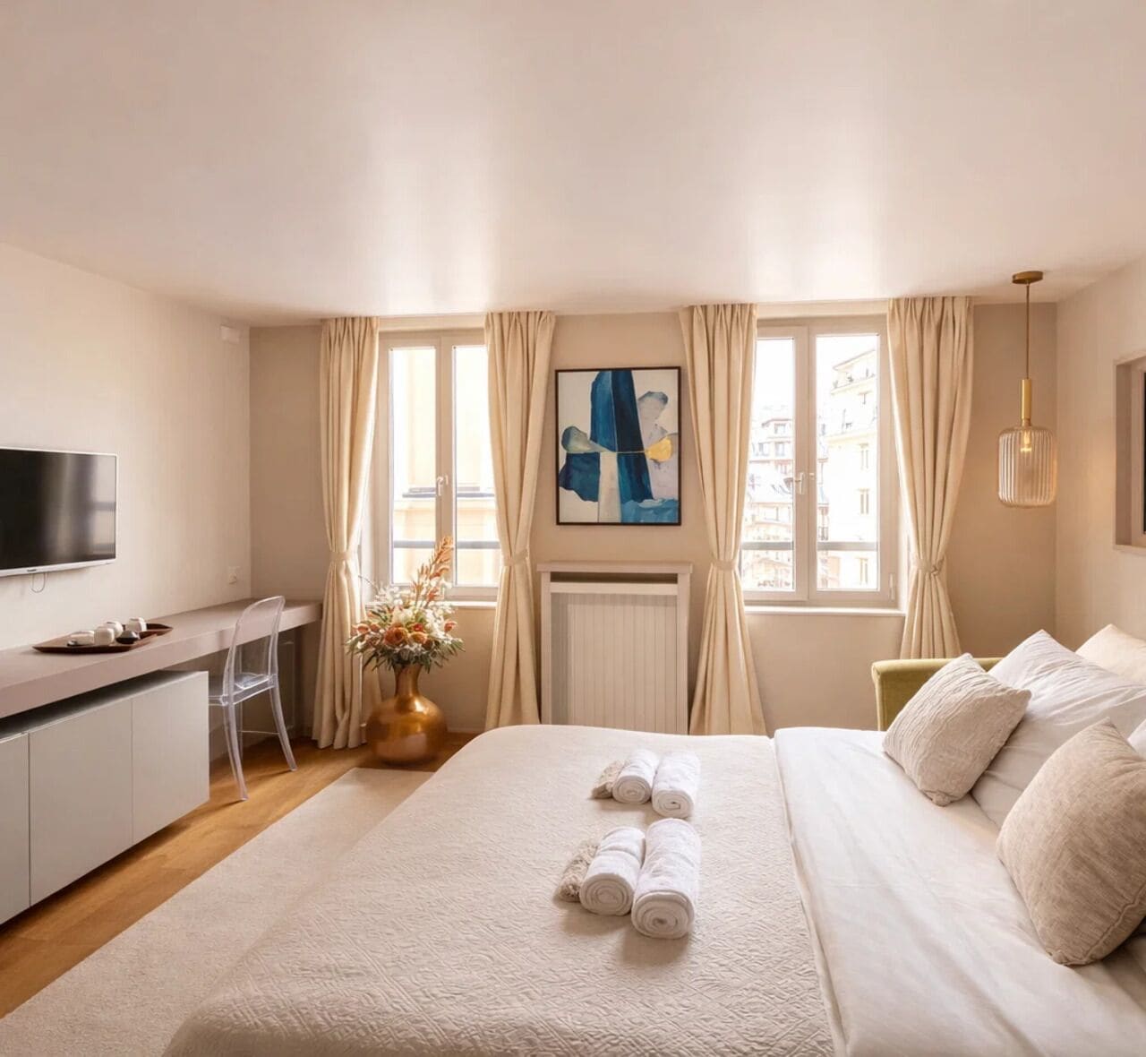 Apartamento luxo, vista para a cidade | Área de estar | Smart TV 80 cm com canais digitais