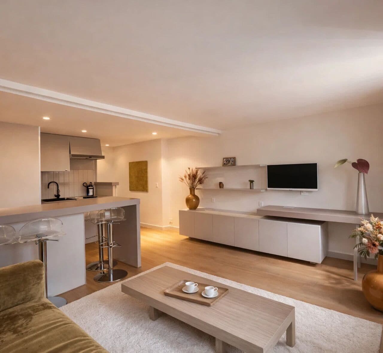 Apartamento luxo, vista para a cidade | Área de estar | Smart TV 80 cm com canais digitais