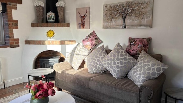 Een gezellige woonkamer met een bank, decoratieve kussens, een open haard en wanddecoratie.