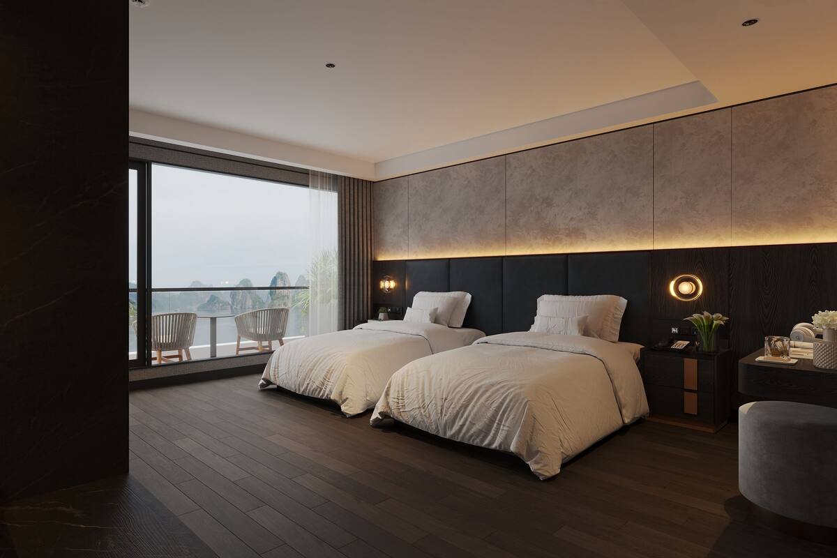 A modern bedroom with two beds, a large window, and a balcony.