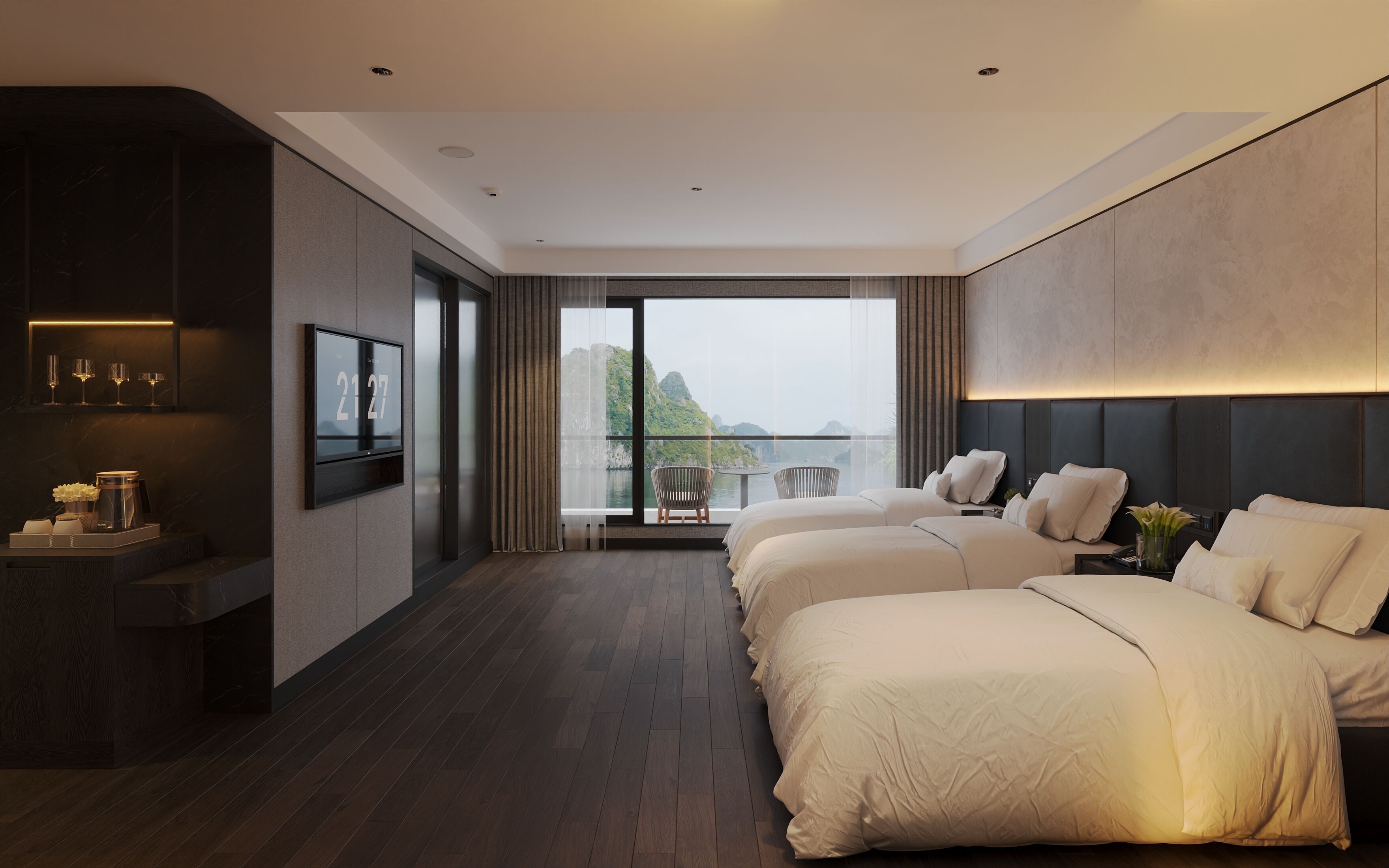 Værelse til 3 personer - 3 enkeltsenge - balkon | Pengeskab på værelset, arbejdsområde til bærbare computere