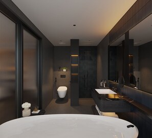 Phòng Junior, quang cảnh bãi biển | Phòng tắm | Bồn tắm và buồng tắm vòi sen riêng, đồ dùng nhà tắm miễn phí 