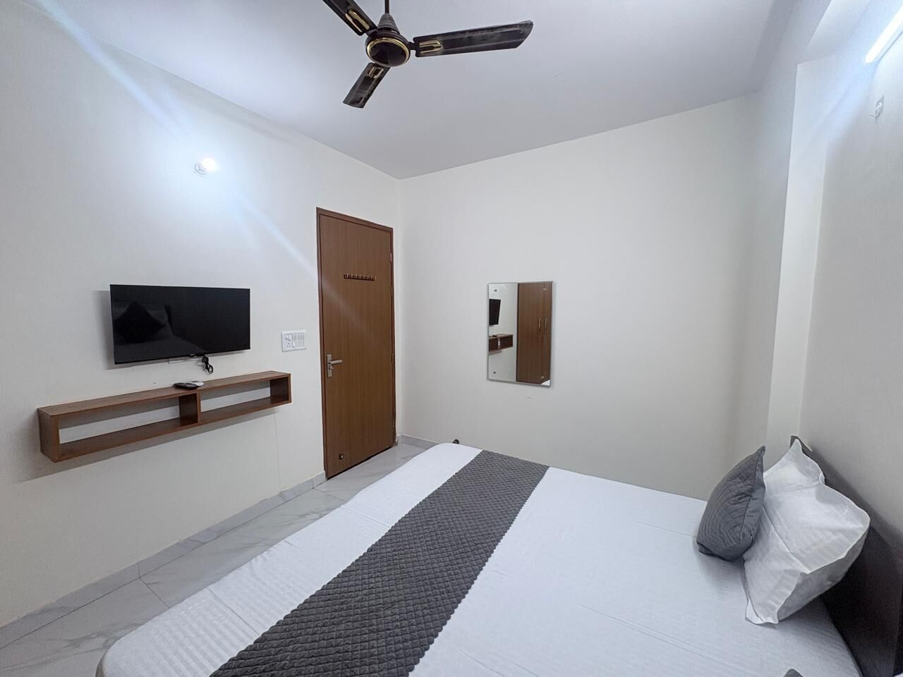 Desk, laptop workspace, blackout curtains, iron/ironing board