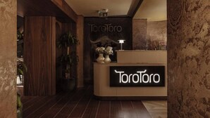 Zona de recepción con mostrador de madera, un cartel que dice "Torotoro" y una planta en maceta.