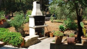 Un espace barbecue extérieur doté d’une structure en pierre, entouré de plantes en pot et d’arbres.