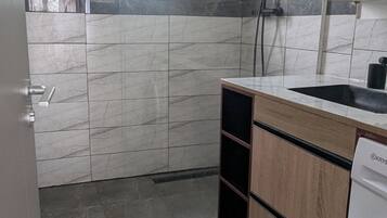 Regadera, toallas, jabón, papel de baño