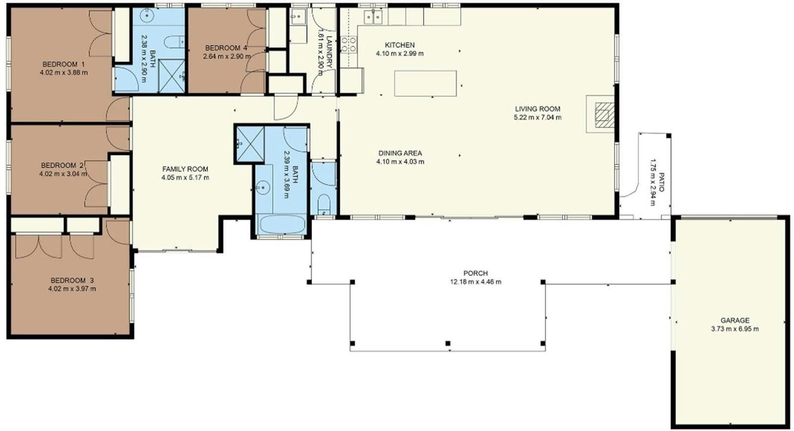 A floor plan with three bedrooms, a family room, a kitchen, a dining area, a living room, a porch, and a garage.