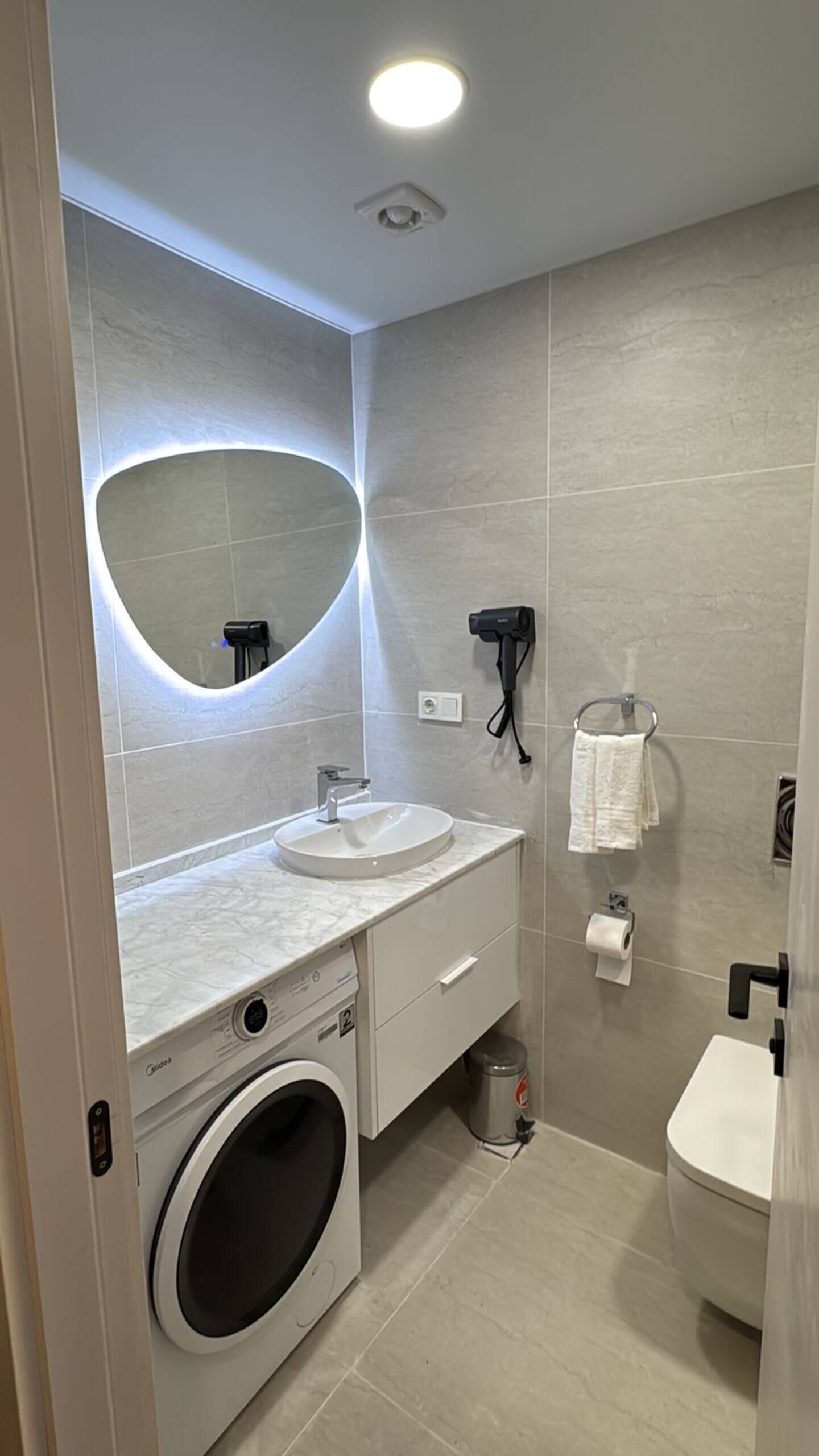 Shower, hair dryer, bidet, soap