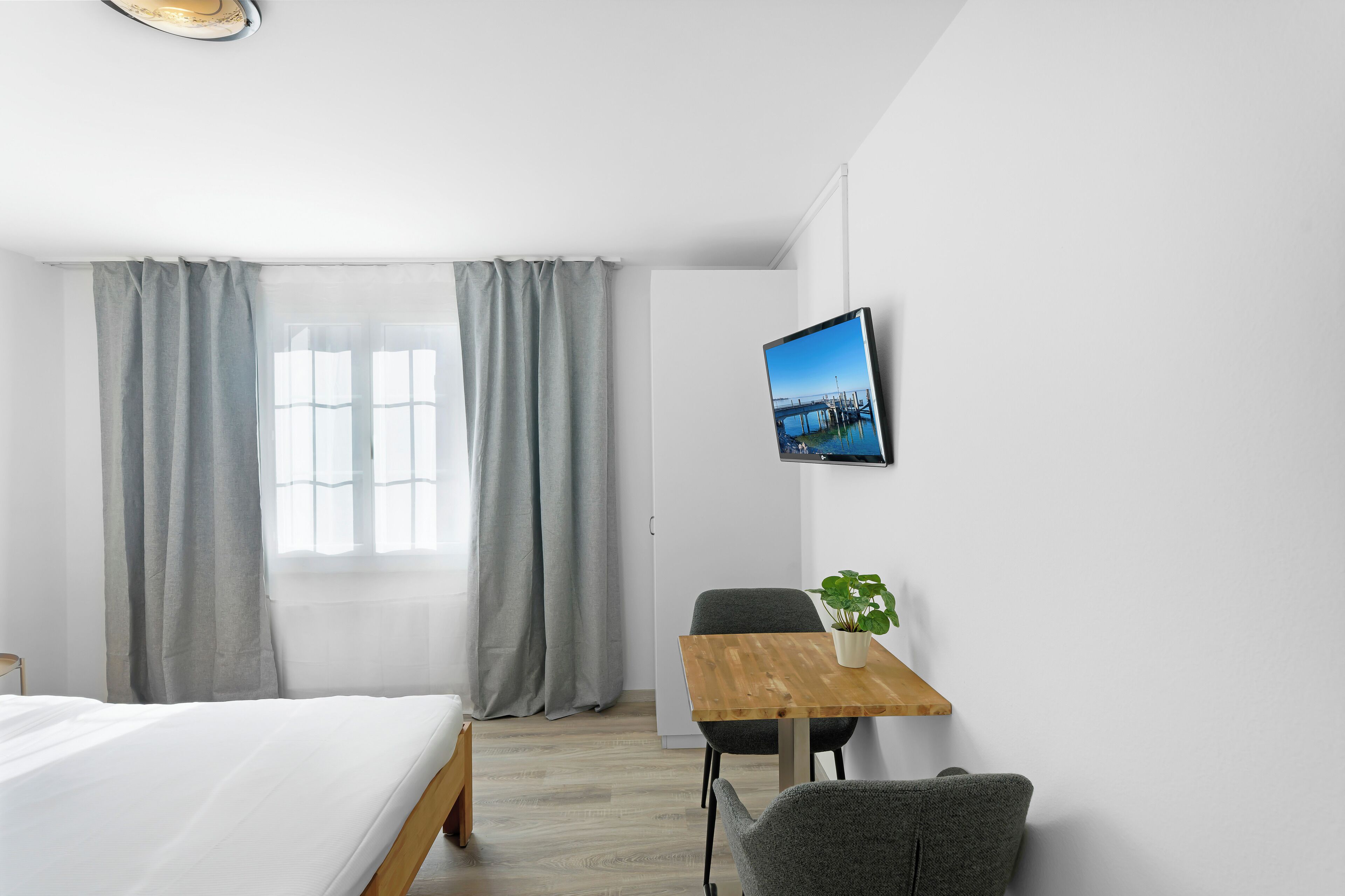 A hotel room with a bed, a desk with a plant, a TV on the wall, and large windows with curtains.