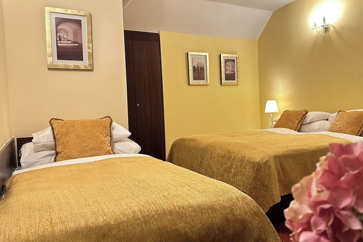 A hotel room with two beds, each with a brown bedspread and white pillows. There are framed pictures on the wall, a lamp, and a door.