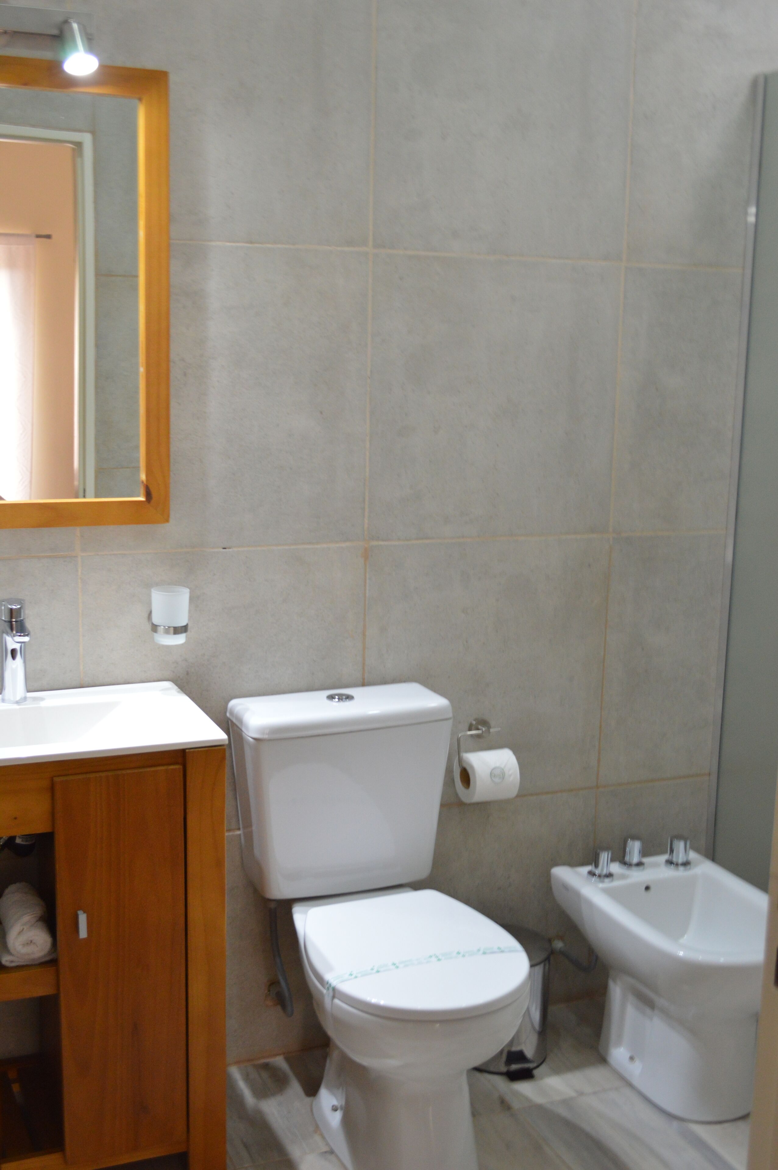 A bathroom with a toilet, bidet, sink, and wooden cabinet.