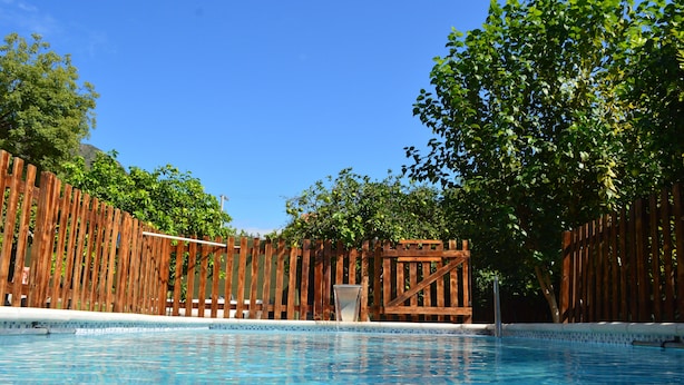Piscina cercada por uma vedação de madeira e árvores ao fundo.