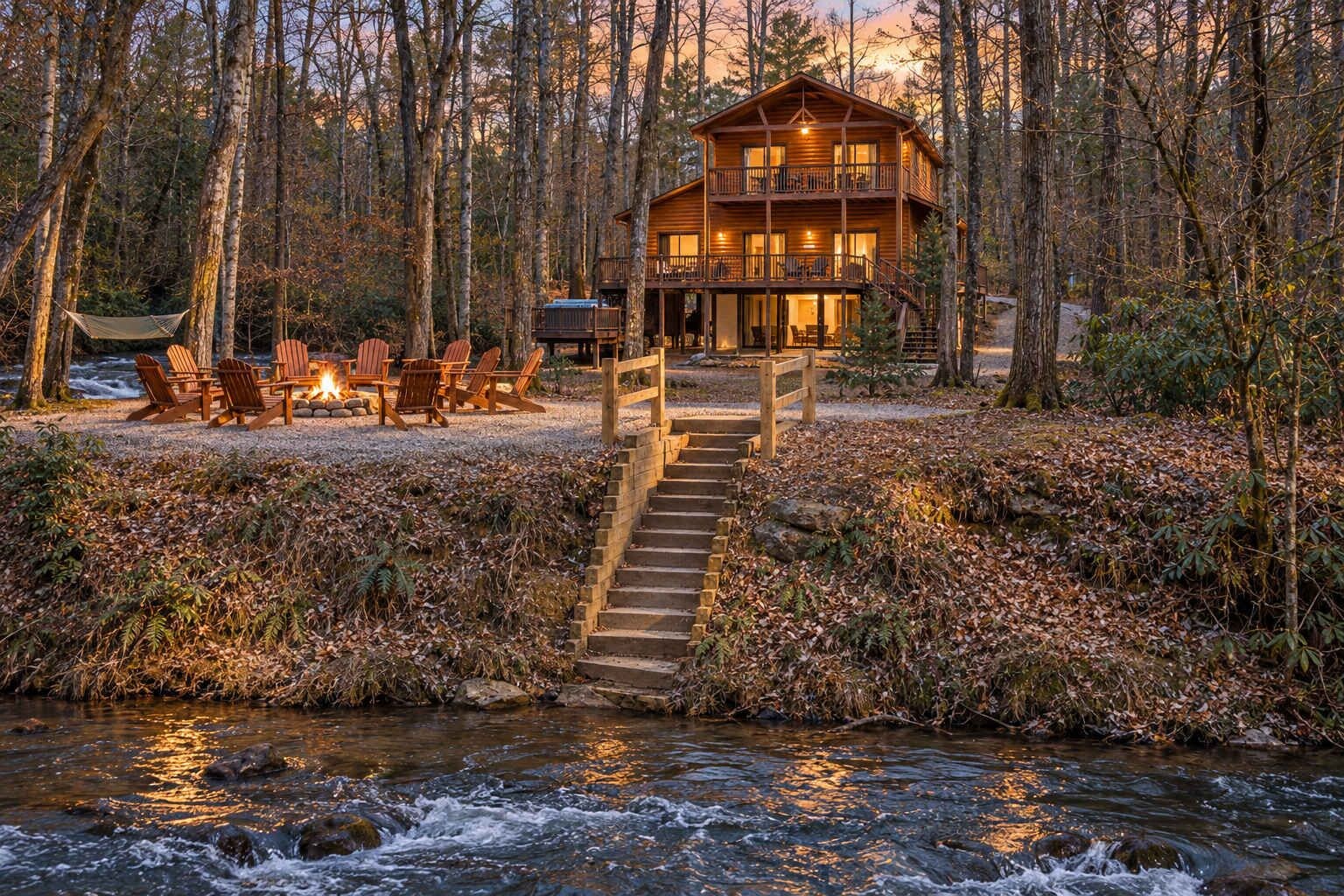 A cabin with a wooden deck, a fire pit, and a staircase leading to the entrance.