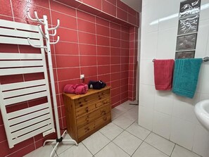 Regadera, secadora de cabello, toallas, jabón 