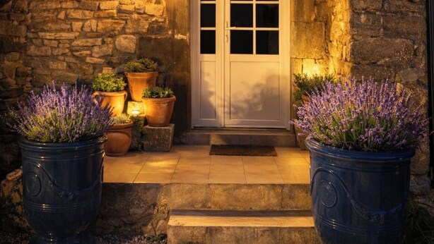 Un edificio de piedra con una puerta blanca, contraventanas azules y macetas de lavanda.