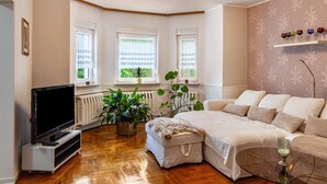 A bedroom with a bed, a TV, a radiator, windows, and a plant.