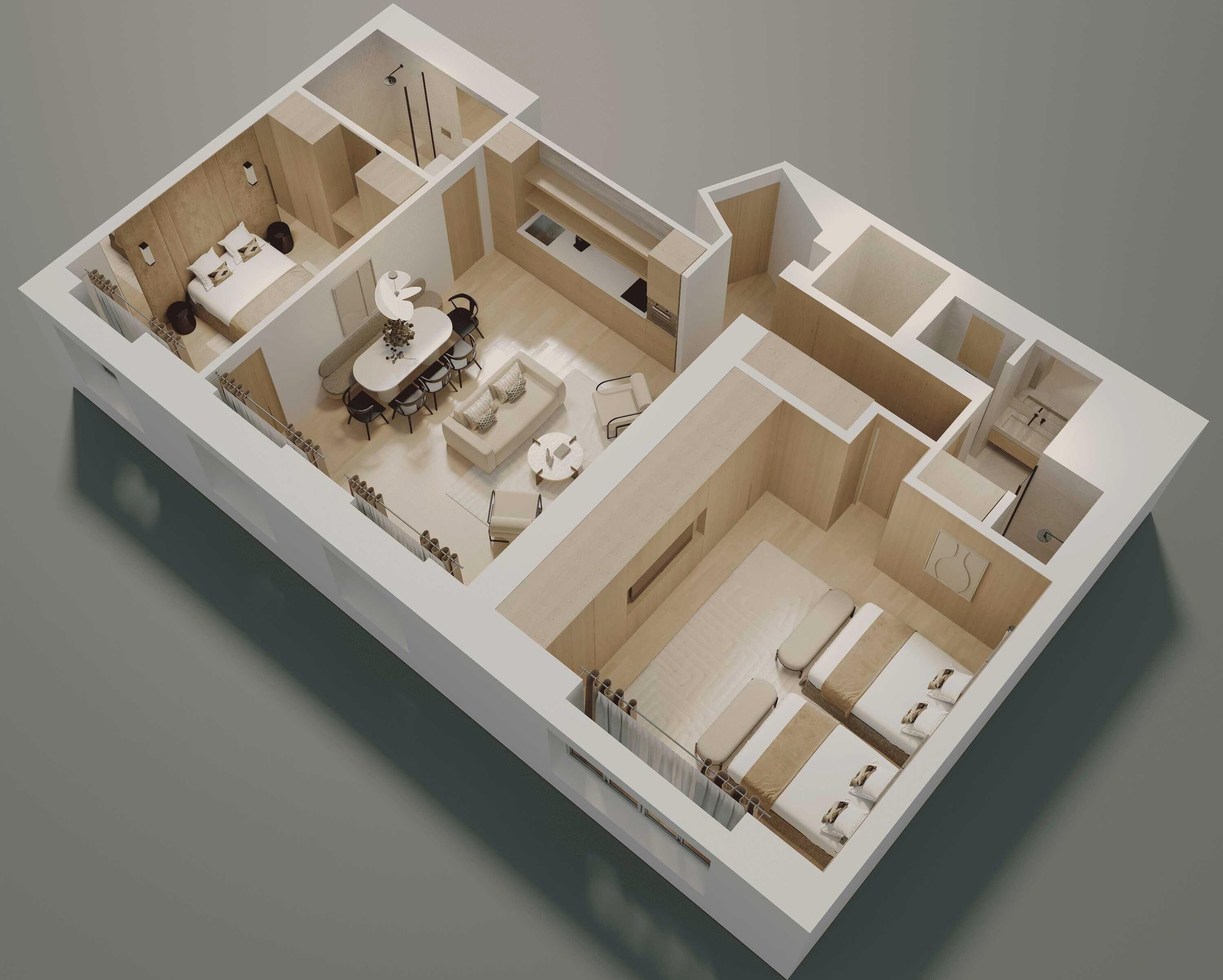 Planta baixa em 3D de um quarto de hotel moderno, com área de jantar separada, banheiro e pequena cozinha.