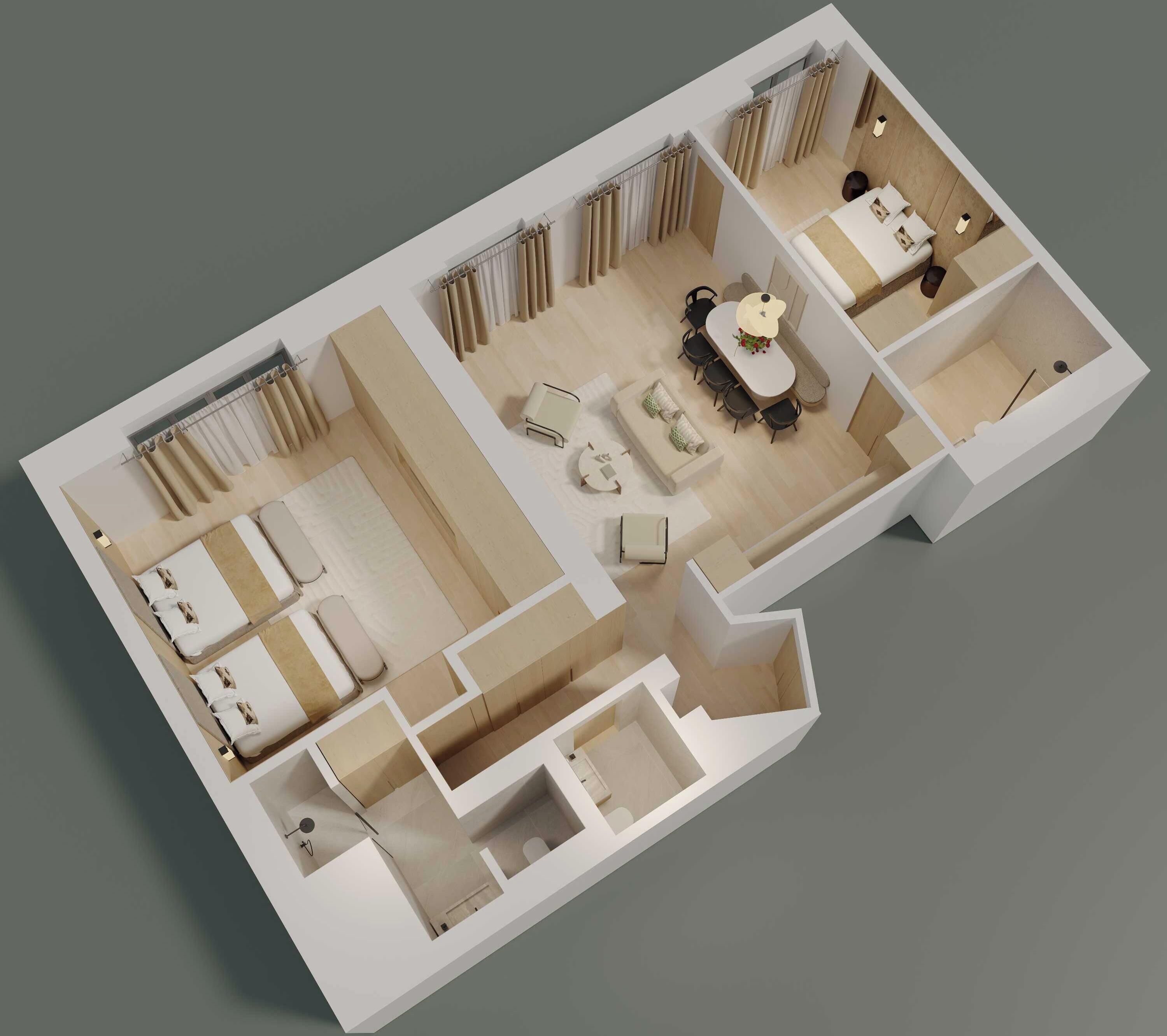 Plano de planta en 3D de una habitación de hotel con comedor independiente, baño y sala de estar con sofá y mesa.