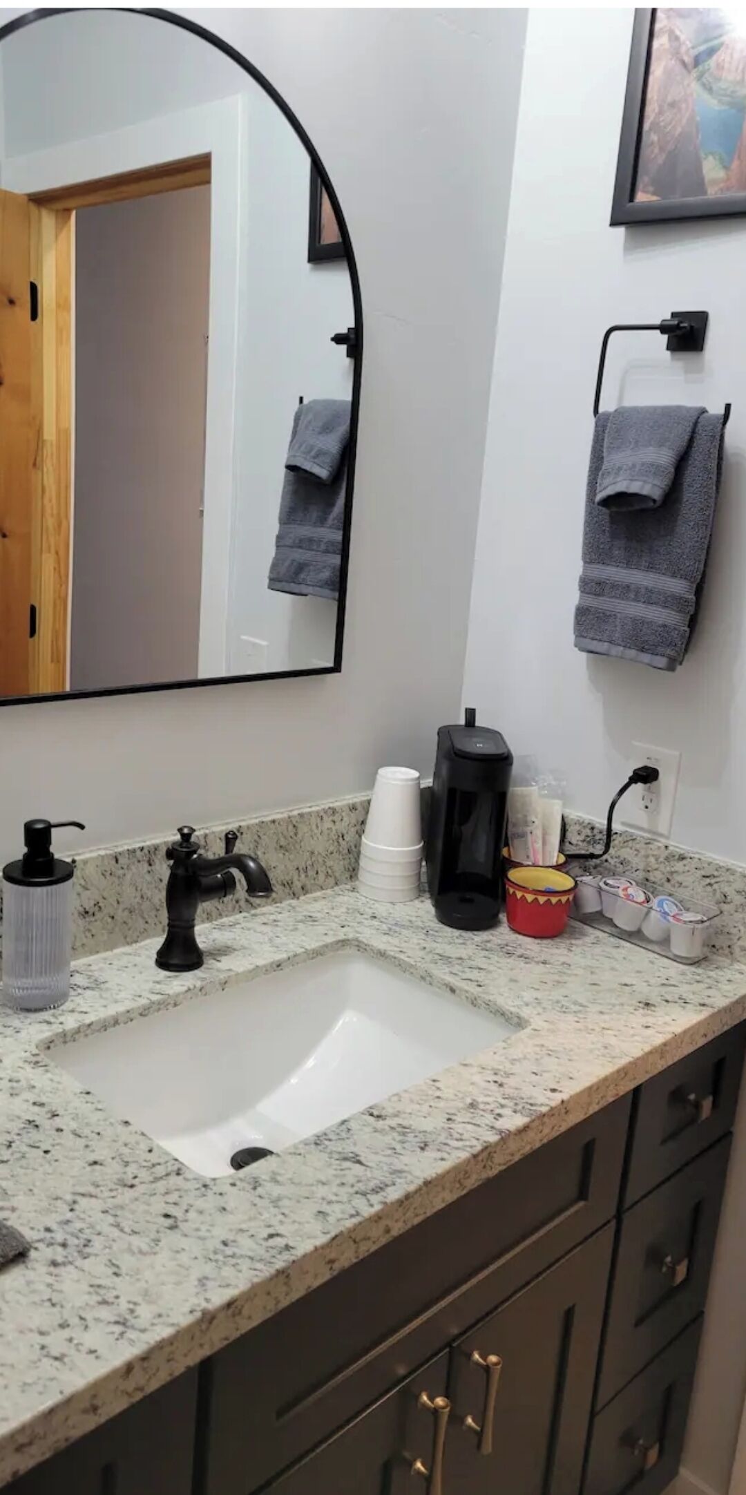 Hair dryer, towels, soap, toilet paper