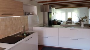 A modern kitchen with a sink, cabinets, and a dining area with a table and chairs. - Gut Belgerhof Steinbach Holiday Apartment (Steinbach)