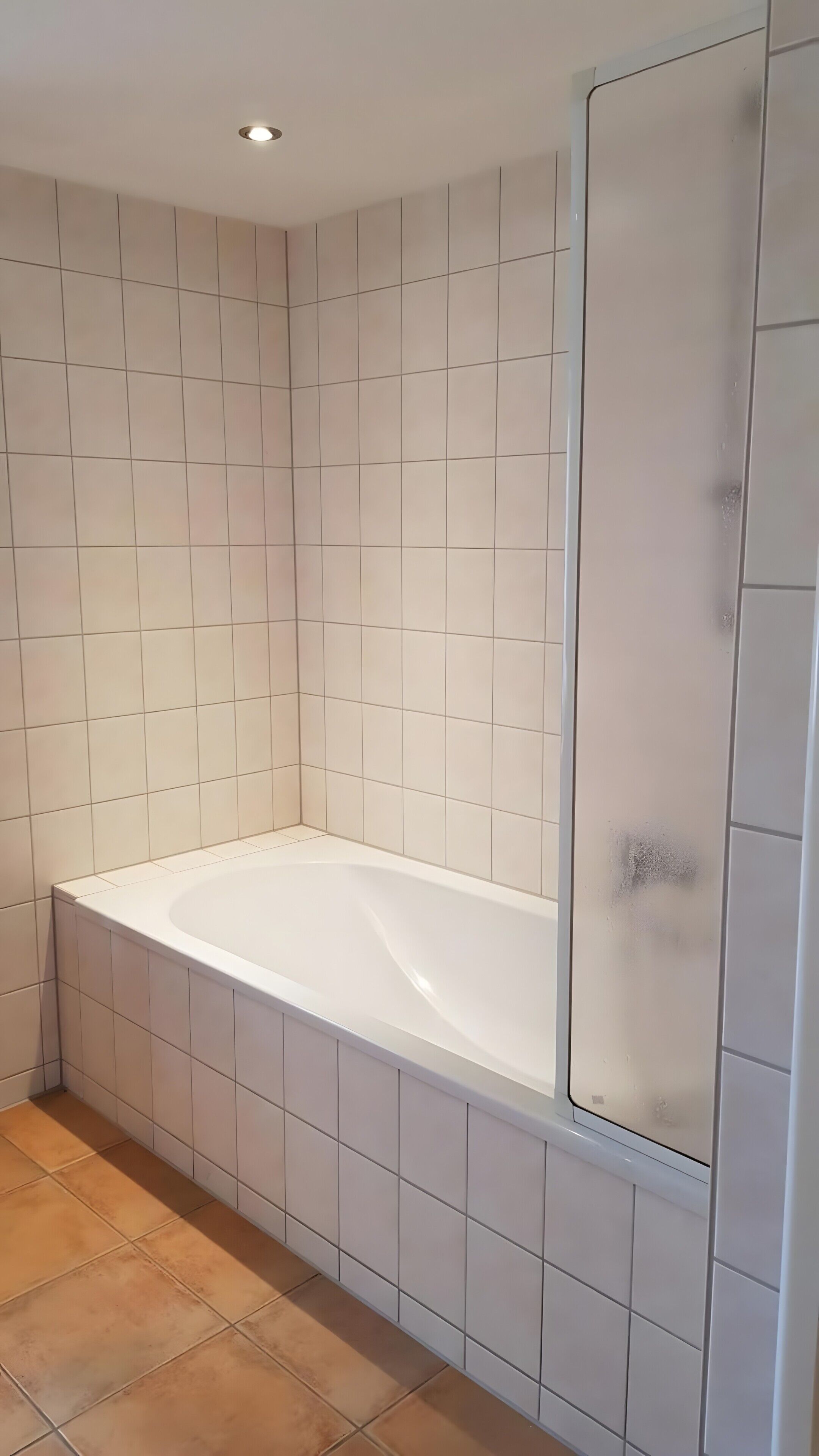 Et badeværelse med et hvidt badekar, flisebeklædte vægge og et bruseområde.