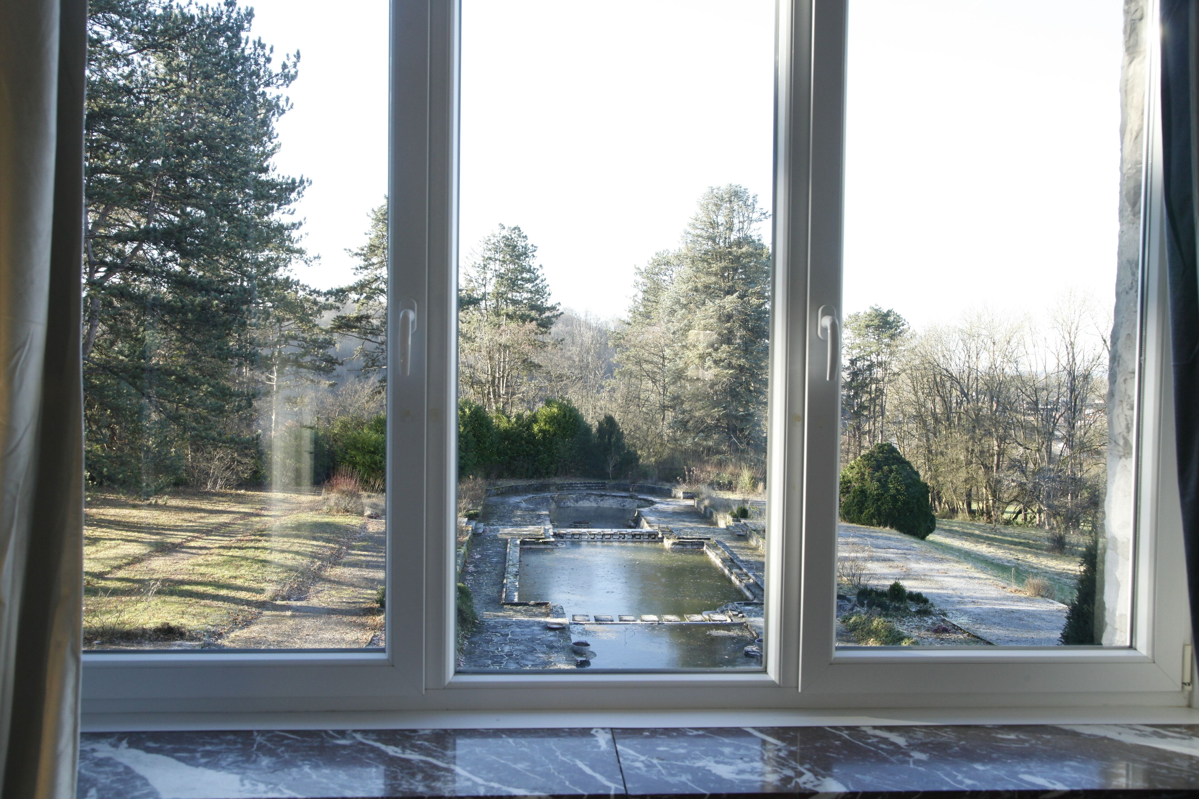 A view through a window of a courtyard with a pond, surrounded by trees and a grassy area.