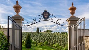 A gated entrance with a decorative crest, leading to a hillside with olive trees. - VILLA ARTIUM - Twenty Bedroom Villa, Sleeps 37 (Firenze)