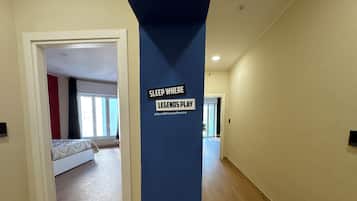 Desk, laptop workspace, blackout curtains, free WiFi