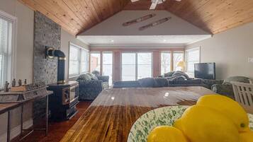 Televisión, chimenea, estéreo