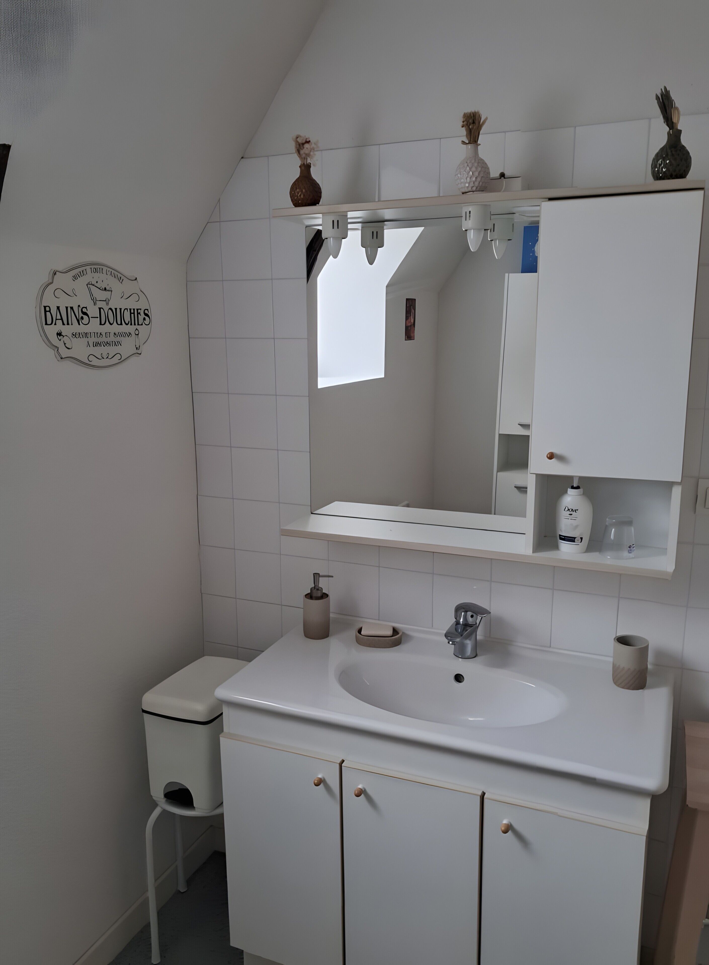A bathroom with a white sink, a mirror, a toilet, and a cabinet.