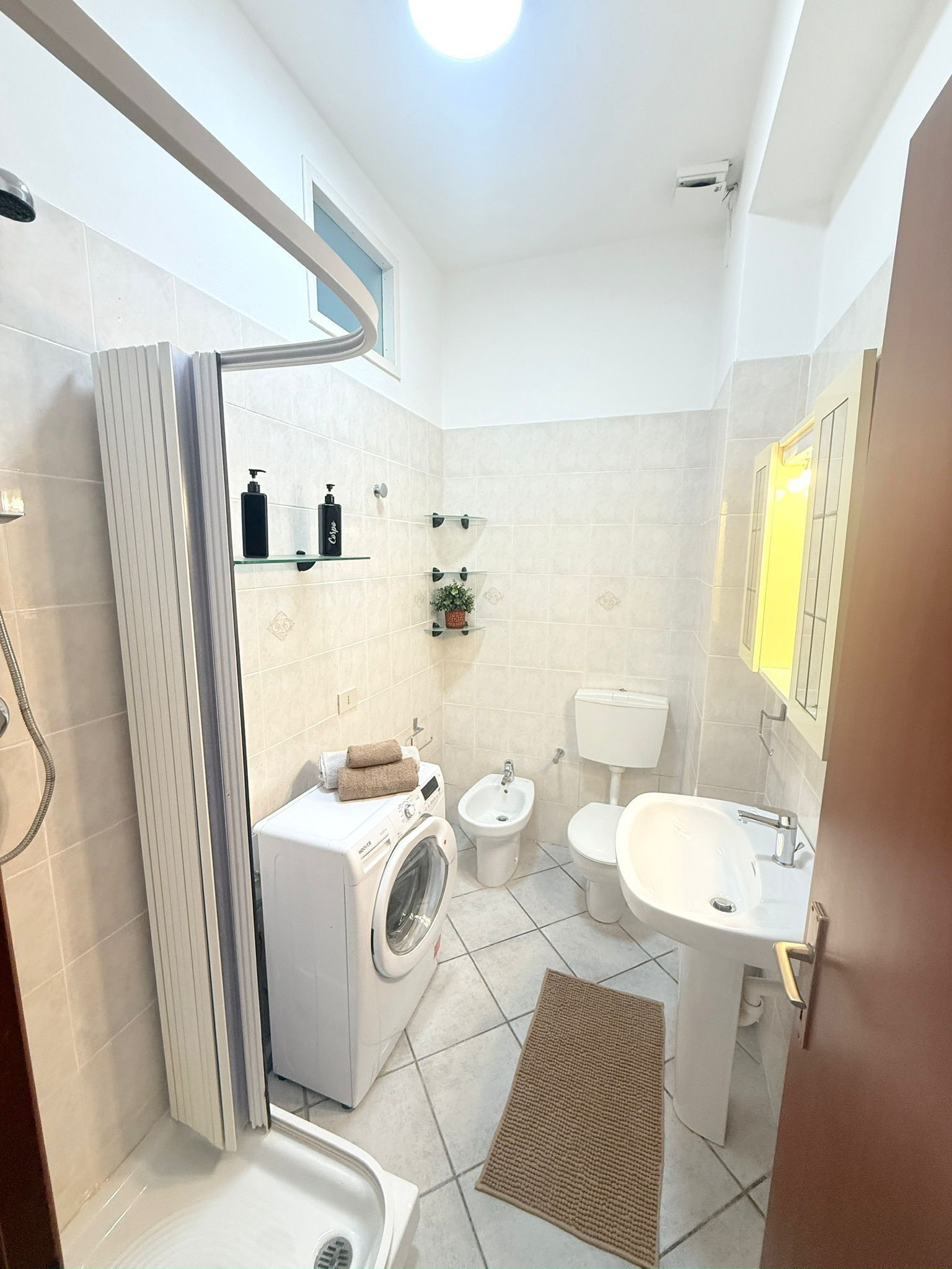 Shower, hair dryer, bidet, towels