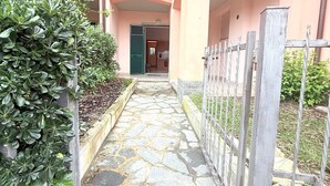 Uma trilha de pedra leva a um edifício com porta verde, cercado por uma grade de metal e vegetação.