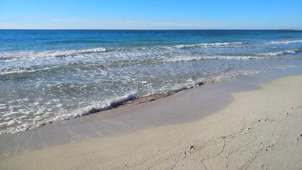 A beach with clear blue water and a sandy shore.