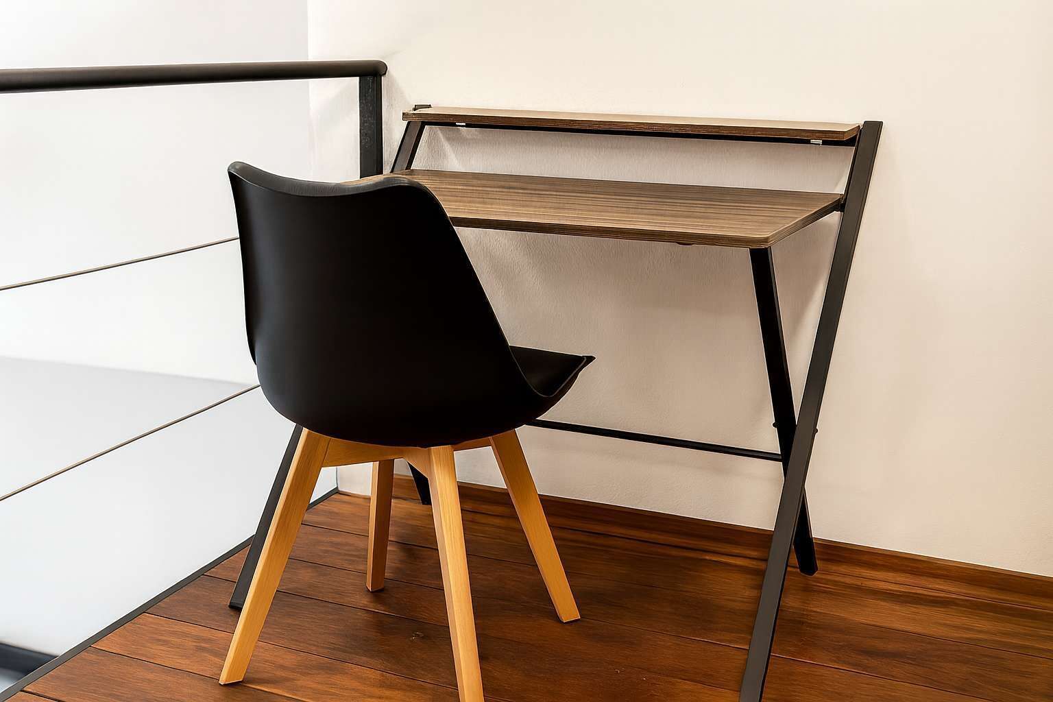 En modern stol med en svart sits och träben, placerad bredvid ett skrivbord i metall och trä med en hylla.