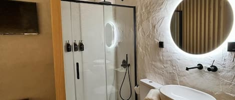 Hair dryer, towels, soap, toilet paper
