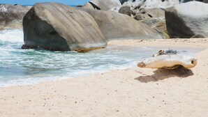 A beach with large rocks, clear blue sky, and calm sea.