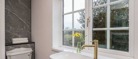 Un baño con un lavabo blanco, una pared de mármol, un inodoro y una ventana con vistas a árboles y flores.