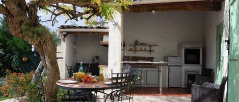 An outdoor patio with a round table and chairs, a small kitchen area with cabinets and appliances, and a tree with hanging plants.