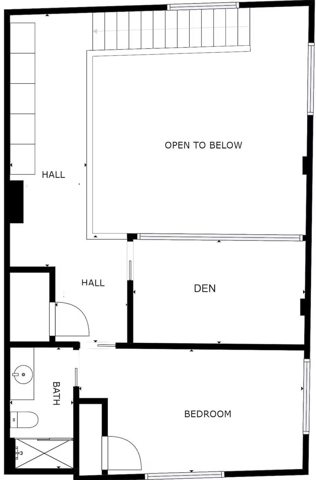 A floor plan with a hall, bedroom, bathroom, and den.