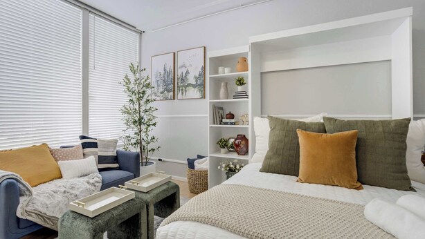 Une chambre moderne avec un canapé, un lit avec des oreillers, une table de chevet, une bibliothèque et une plante en pot.
