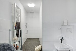 Shower, hair dryer, towels